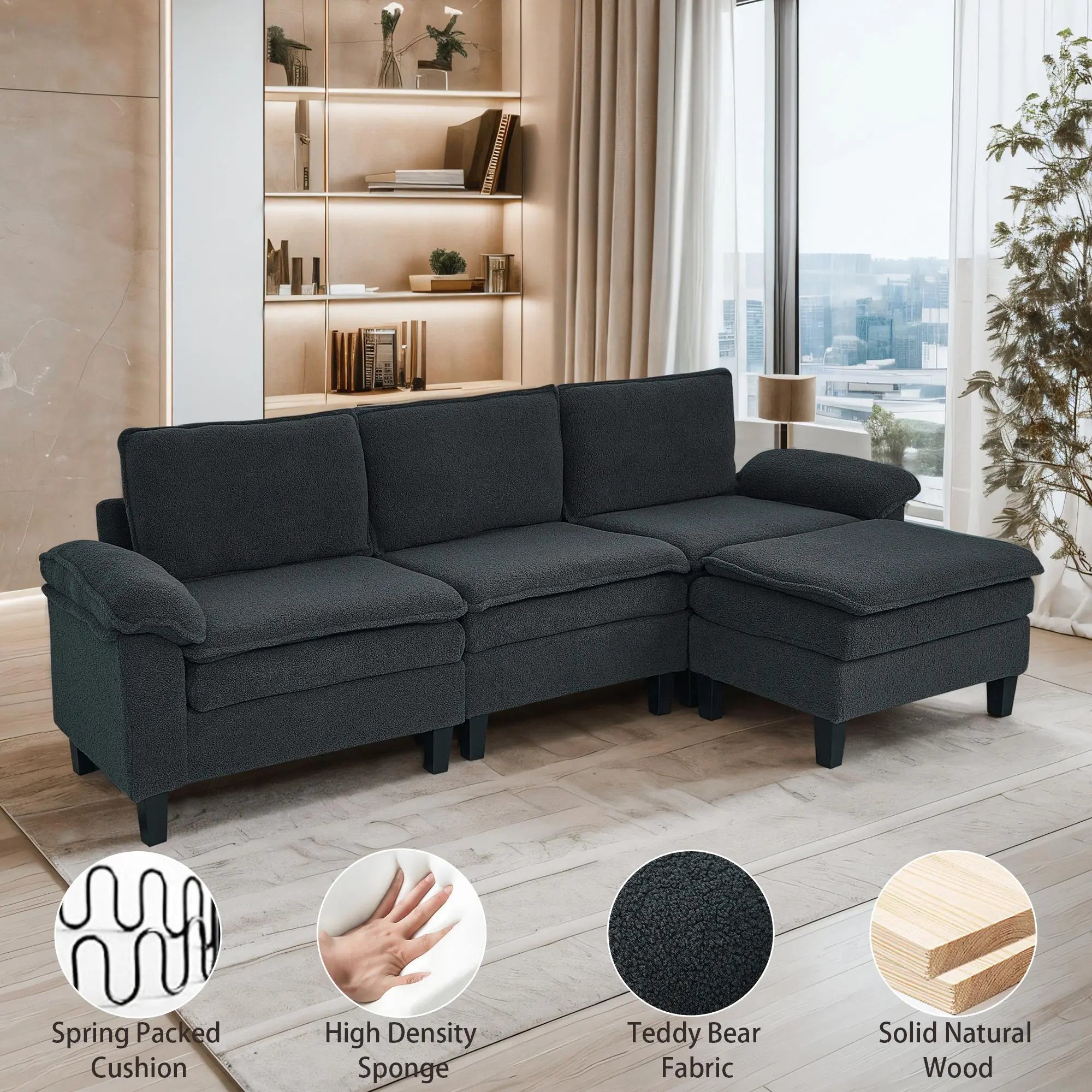 3 - Seater Modular Sofa with Ottoman - Teddy Velvet, Solid Wood & Spring Cushion, Double - Layered Seat for Living Room - NOVA - HOME - FURNITURE