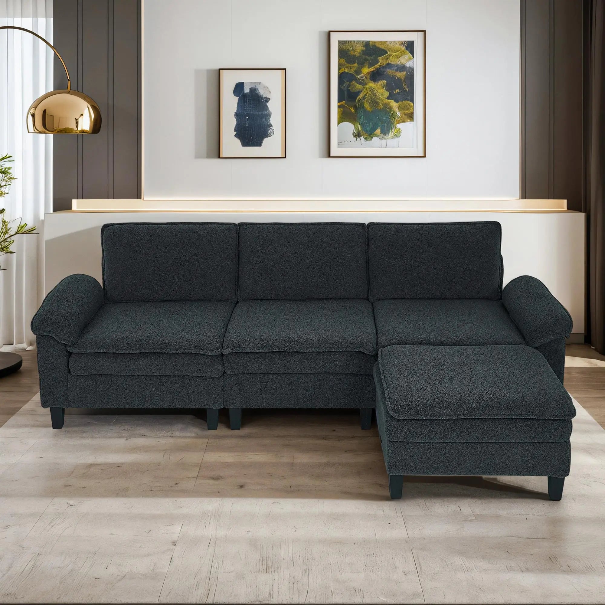 3 - Seater Modular Sofa with Ottoman - Teddy Velvet, Solid Wood & Spring Cushion, Double - Layered Seat for Living Room - NOVA - HOME - FURNITURE