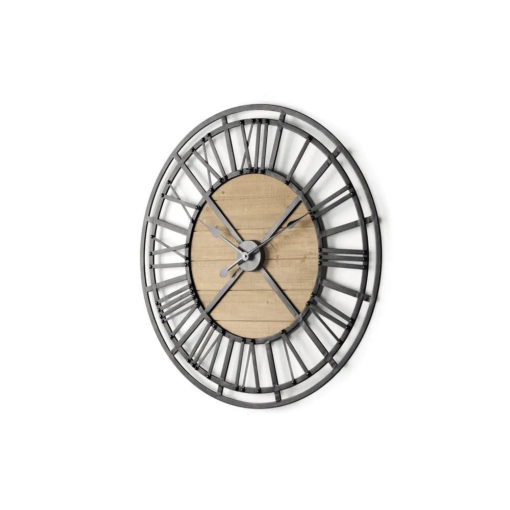 30" Black And Natural Iron And Wood Analog Round Wall Clock HomeRoots