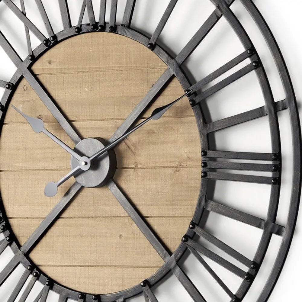 30" Black And Natural Iron And Wood Analog Round Wall Clock HomeRoots