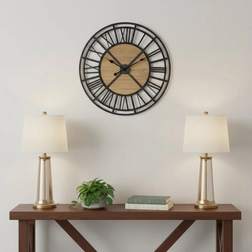 30" Black And Natural Iron And Wood Analog Round Wall Clock HomeRoots