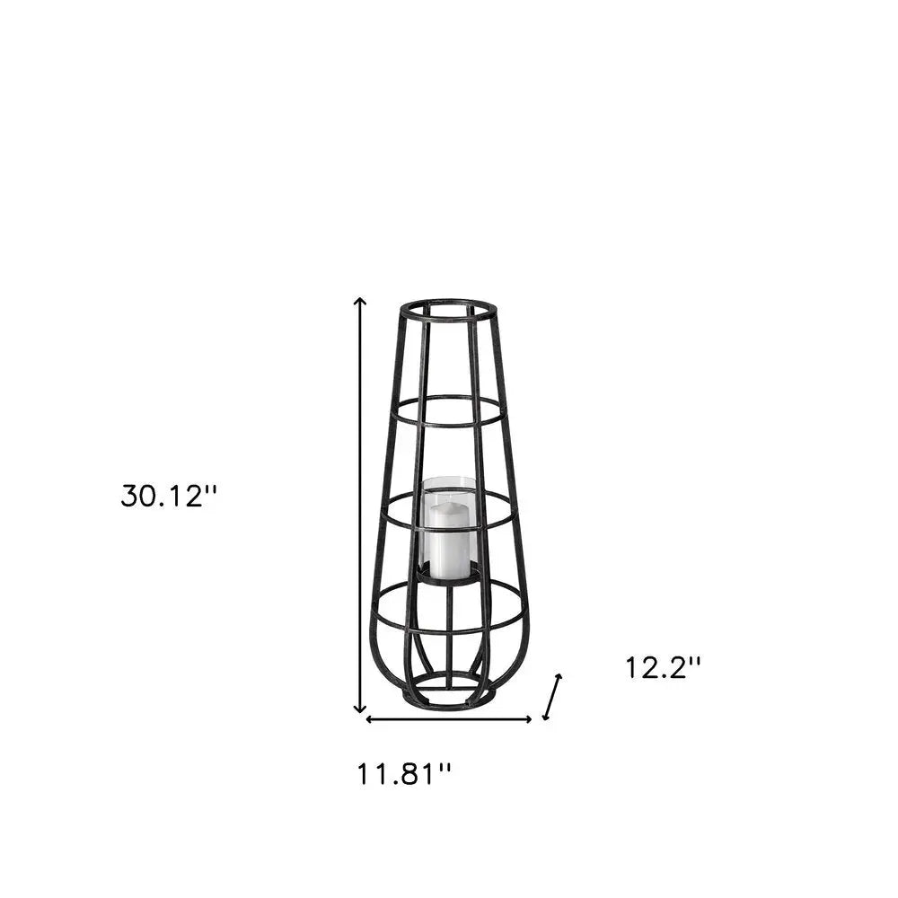 30" Black Distressed Geometric Metal And Glass Lantern Candle Holder HomeRoots