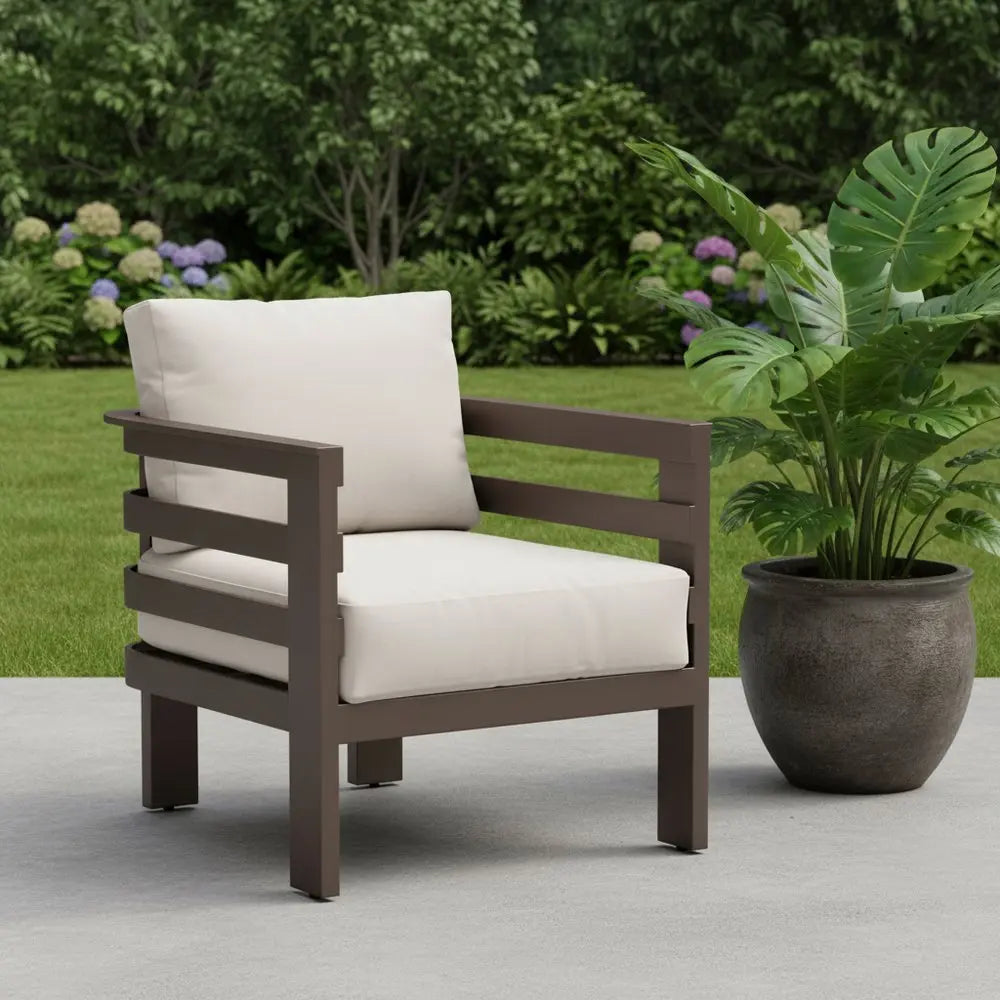 30" Brown Aluminum Outdoor Arm Chair with White Cushion - NOBLE HOME INTERIORS