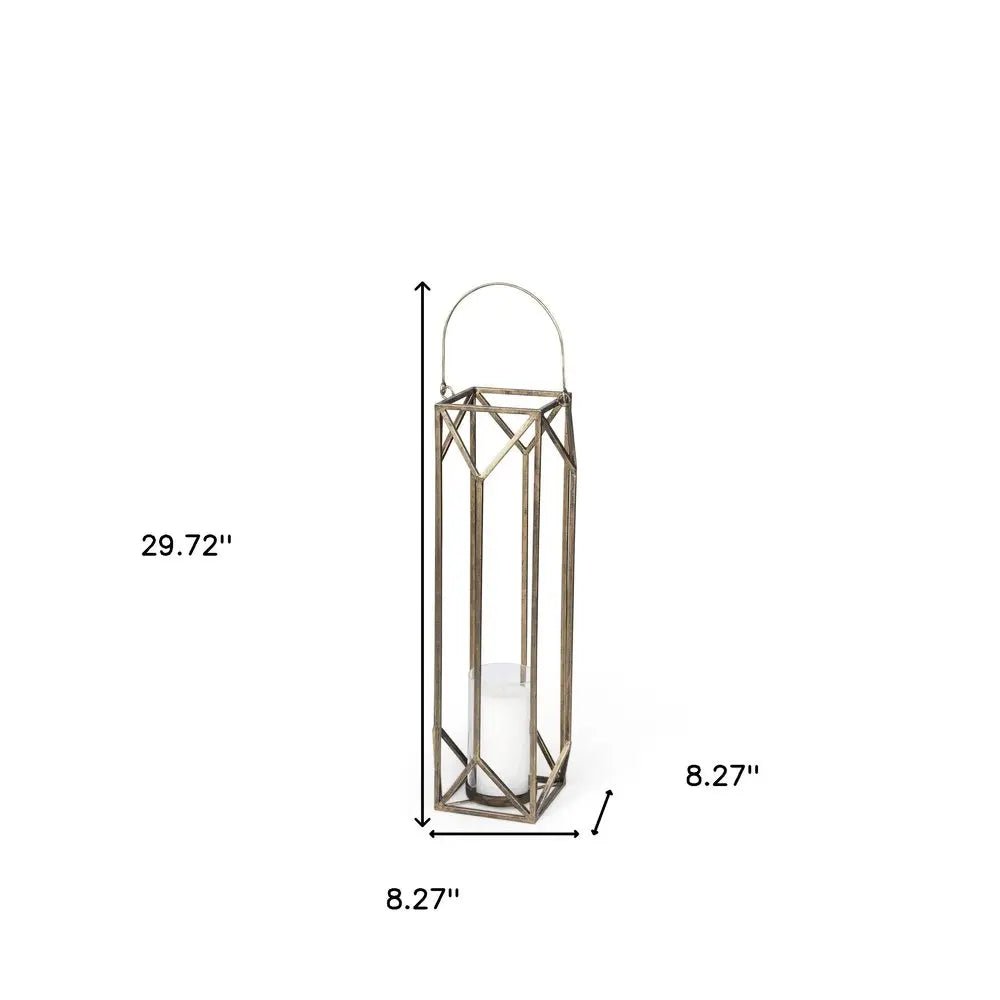 30" Gold Distressed Geometric Metal Tabletop Lantern Candle Holder HomeRoots