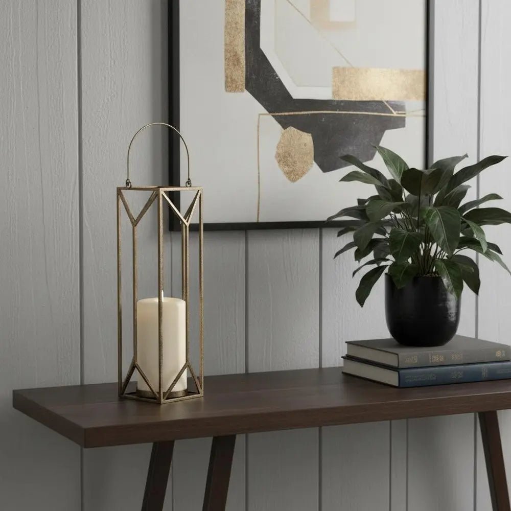 30" Gold Distressed Geometric Metal Tabletop Lantern Candle Holder HomeRoots