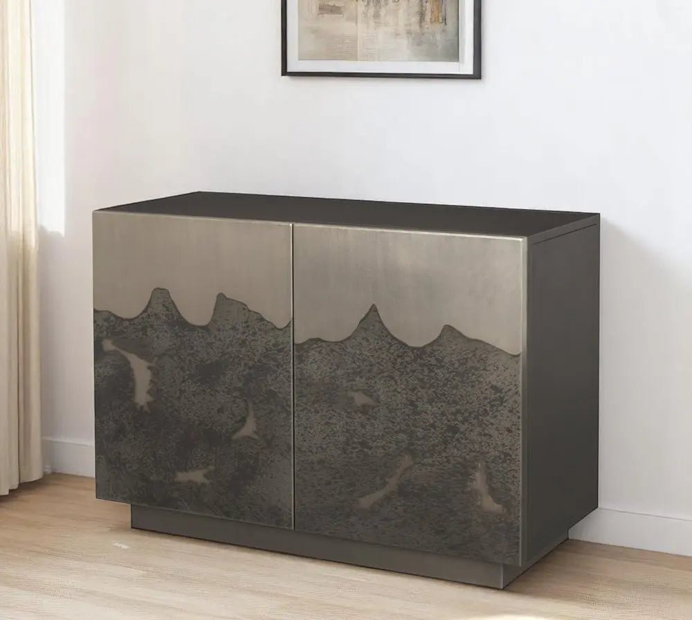 30" Gray Distressed Metal Textured Door Accent Cabinet With Two Doors HomeRoots