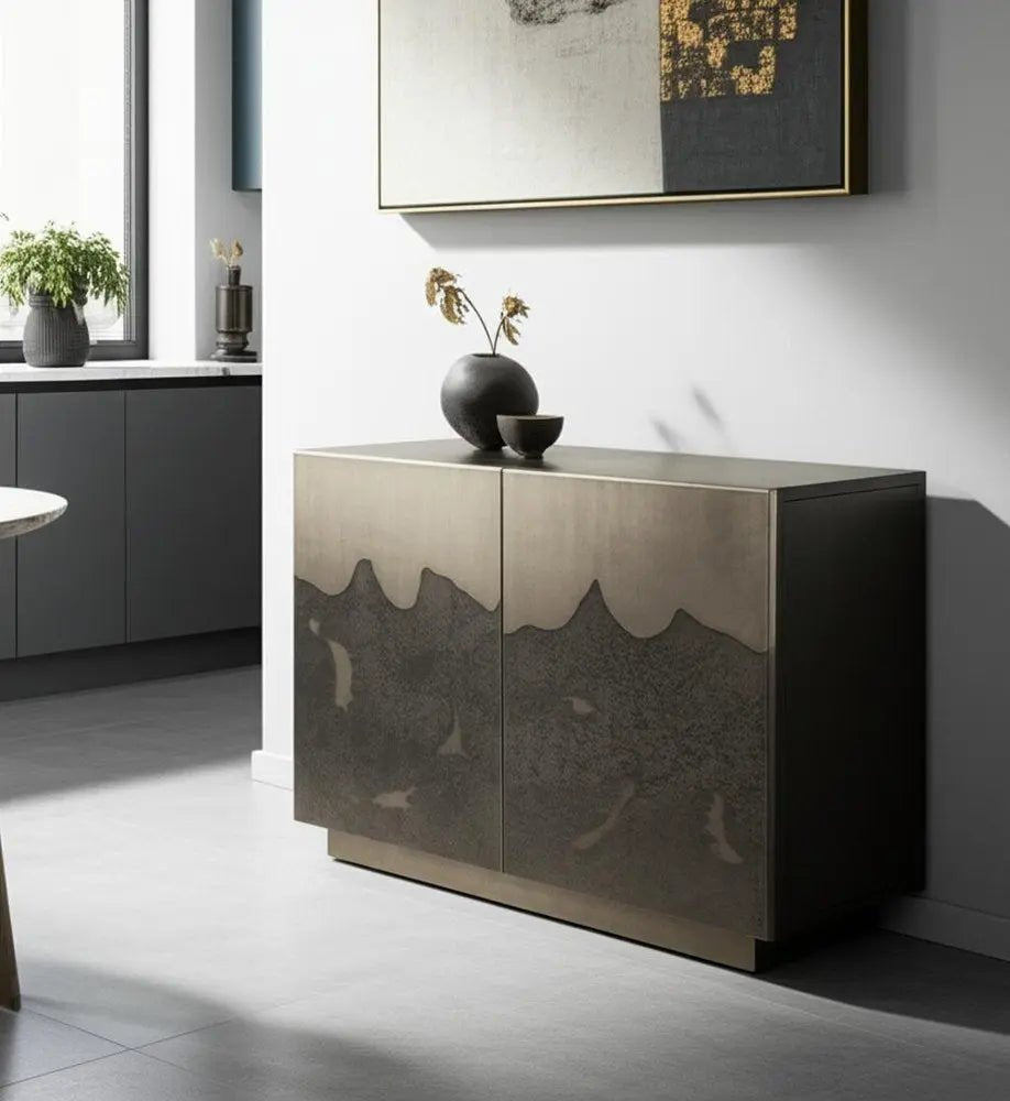 30" Gray Distressed Metal Textured Door Accent Cabinet With Two Doors HomeRoots