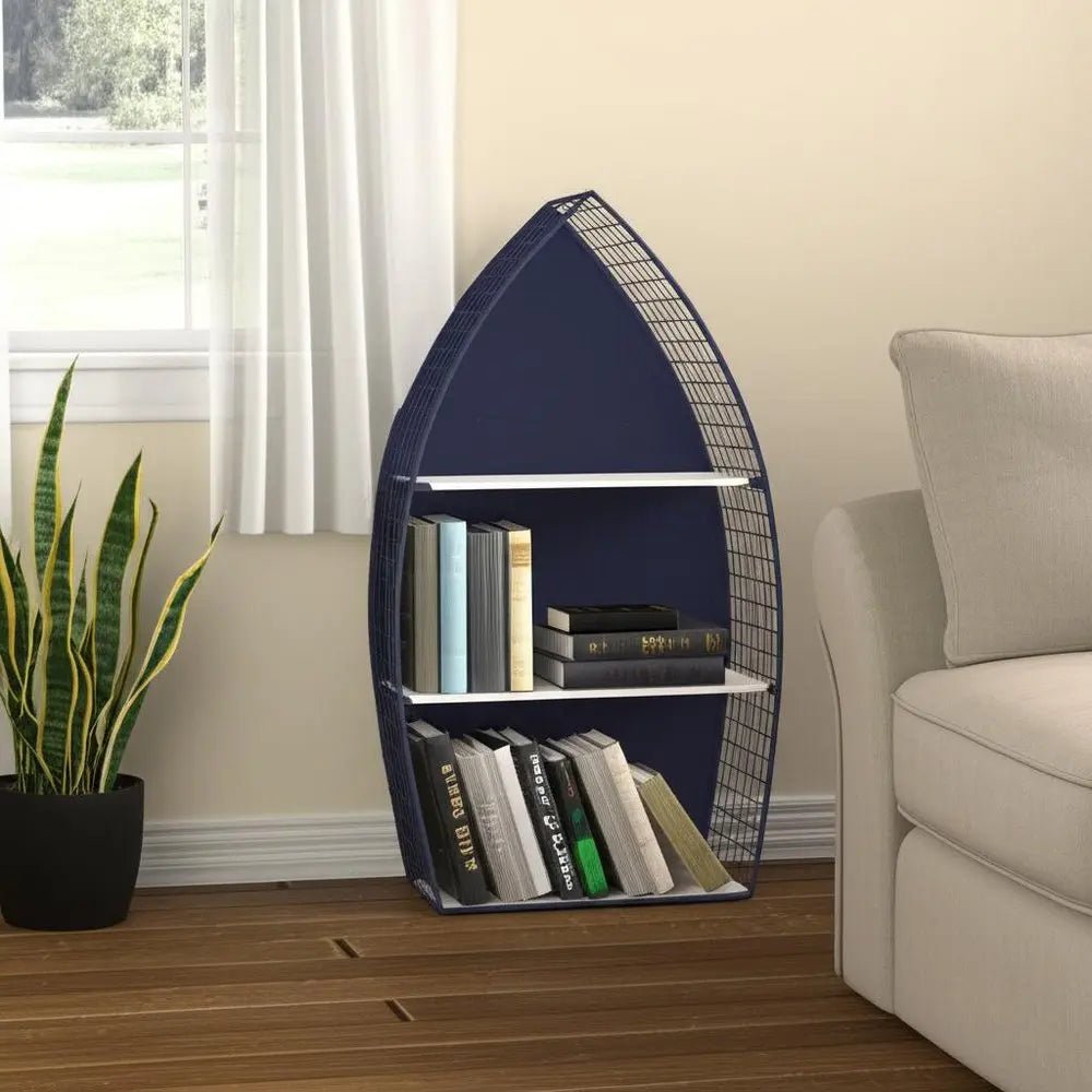 30" Navy Blue And White Metal and Wood Boat Shaped Bookcase HomeRoots