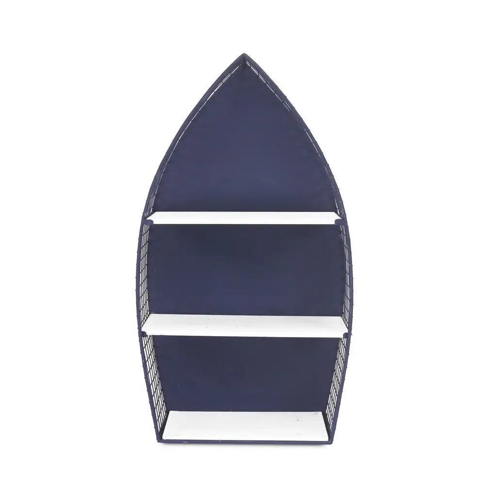 30" Navy Blue And White Metal and Wood Boat Shaped Bookcase - NOBLE HOME INTERIORS