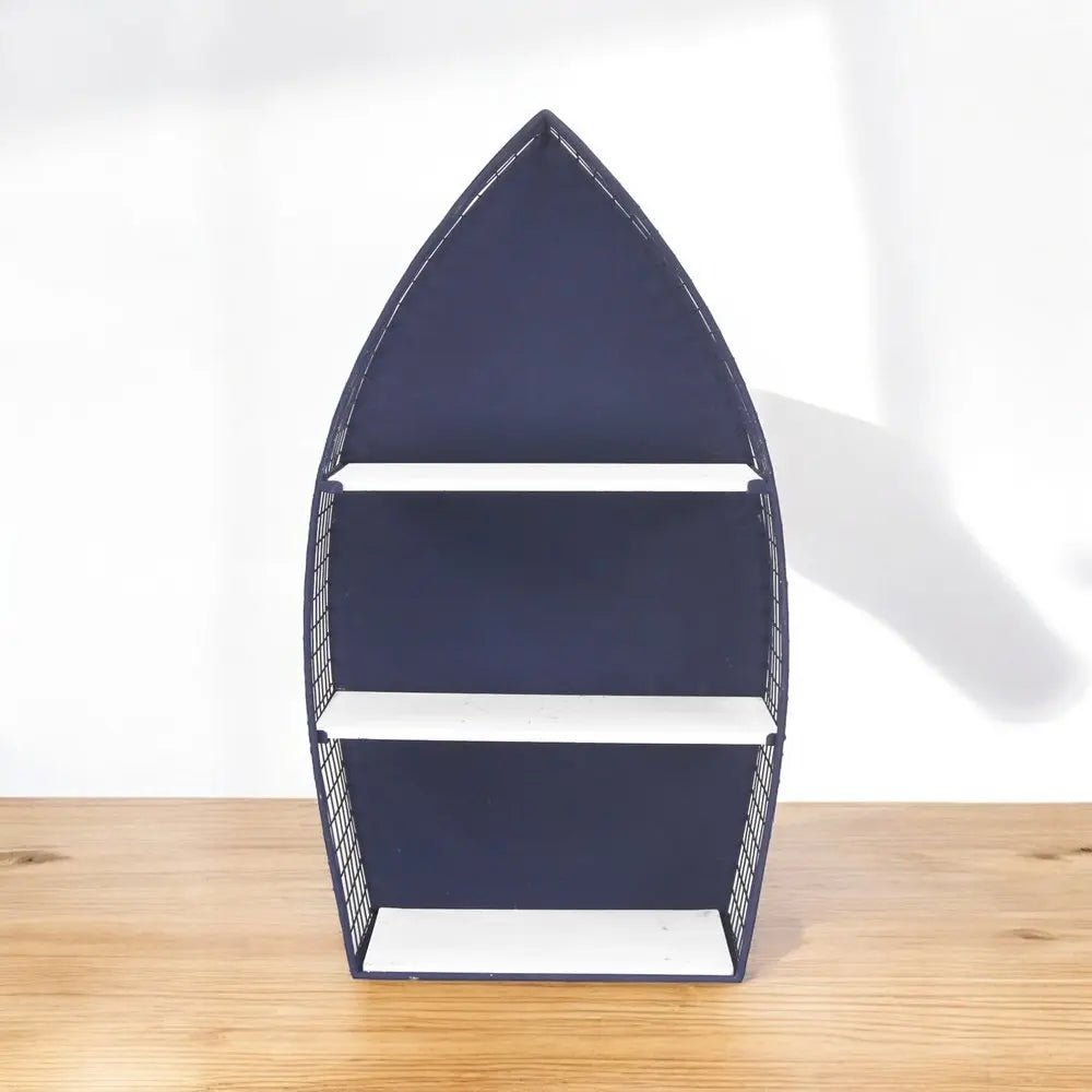 30" Navy Blue And White Metal and Wood Boat Shaped Bookcase HomeRoots