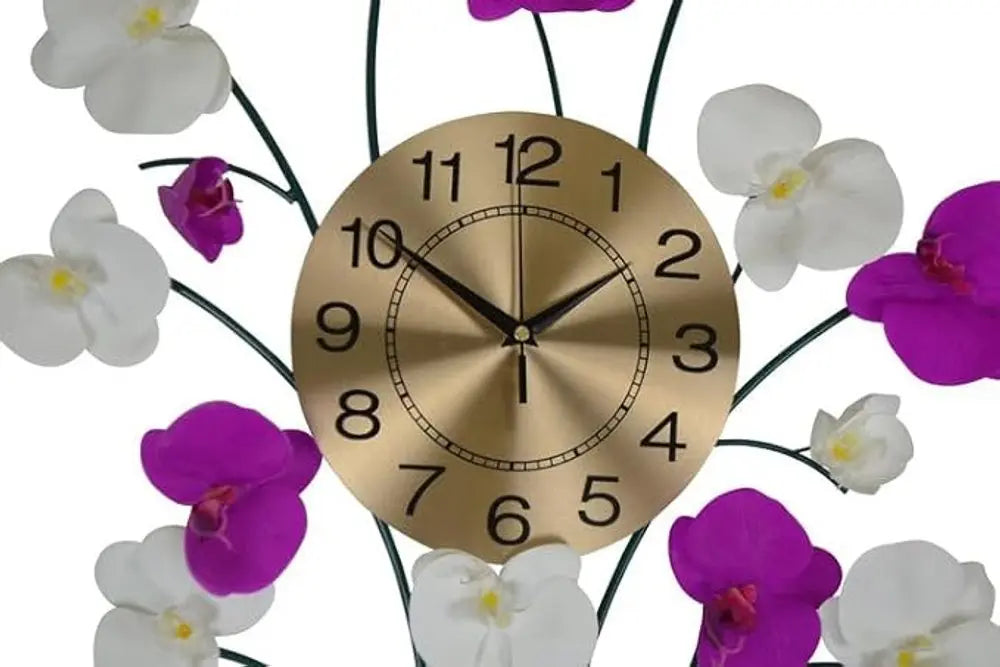 30" Purple White And Gold Metal Silent Analog Floral Novelty Wall Clock - NOBLE HOME INTERIORS