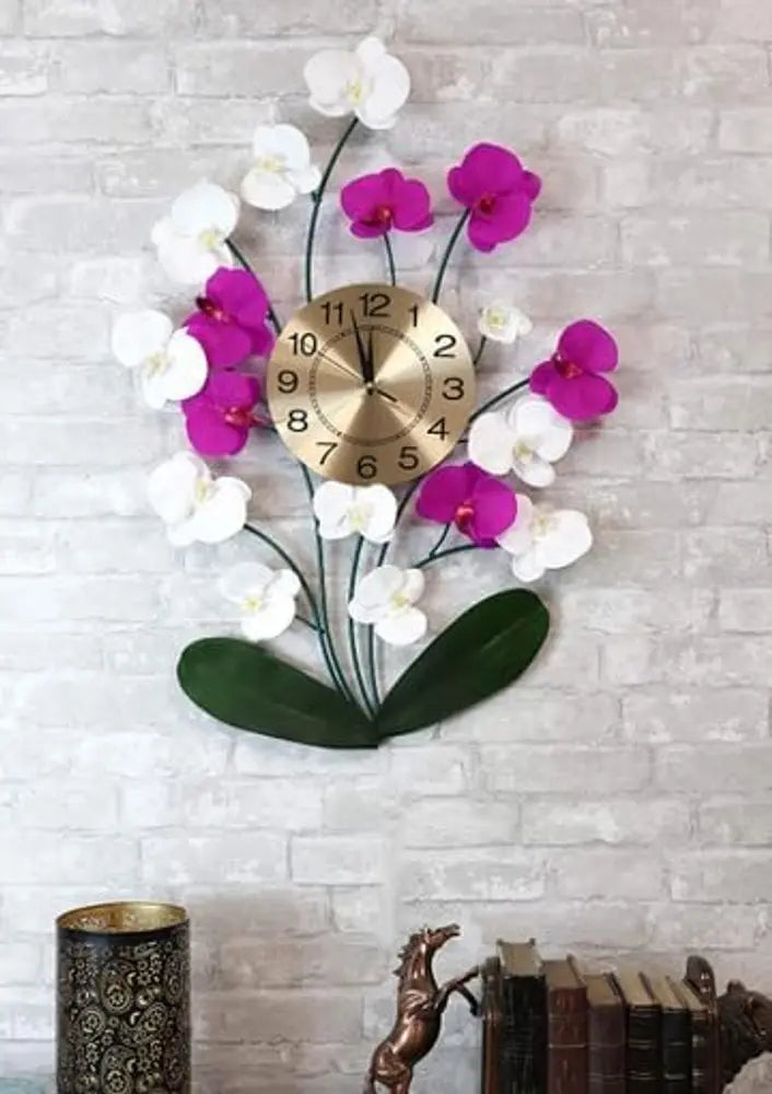 30" Purple White And Gold Metal Silent Analog Floral Novelty Wall Clock - NOBLE HOME INTERIORS