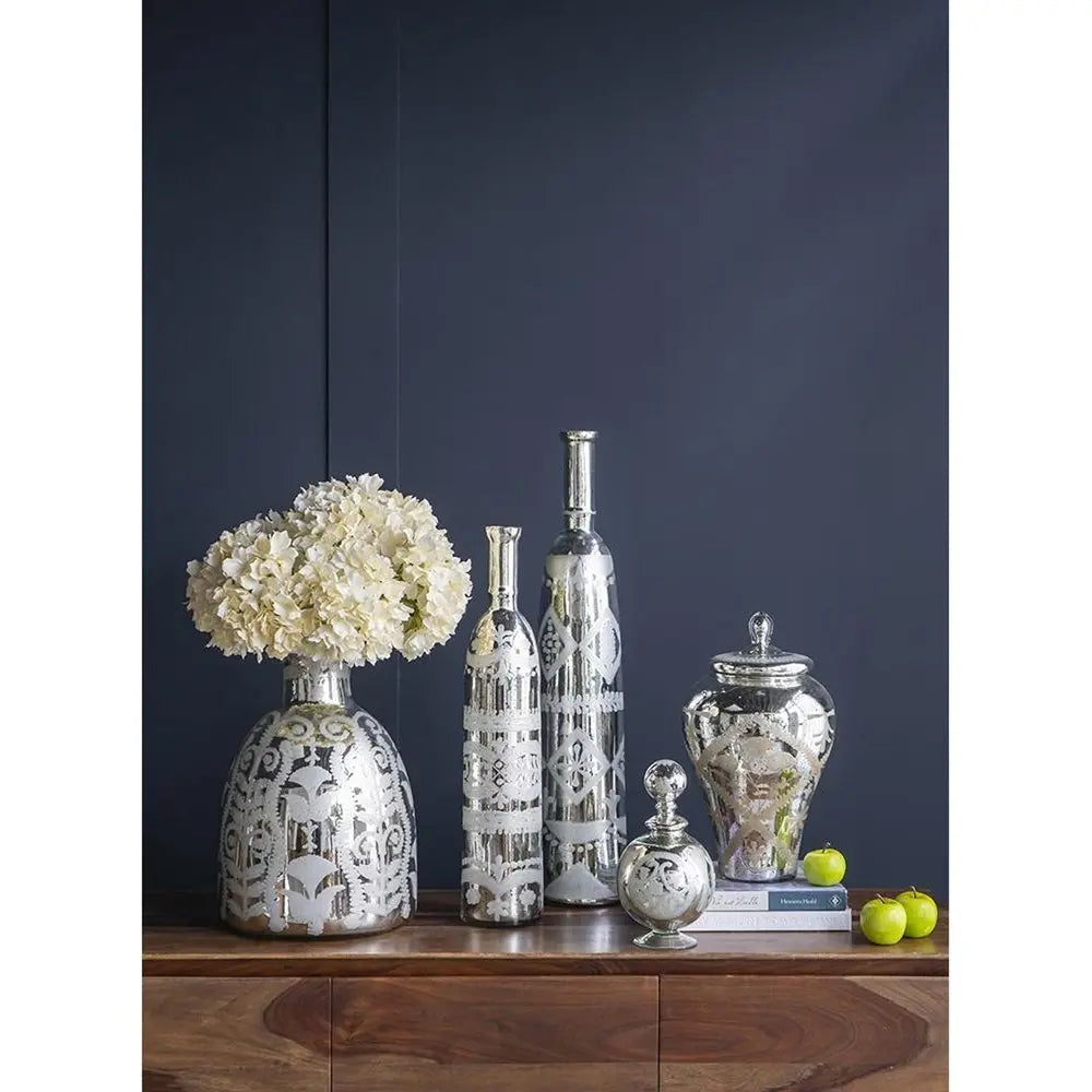 30" Silver Floral Round Glass Table Vase - NOBLE HOME INTERIORS