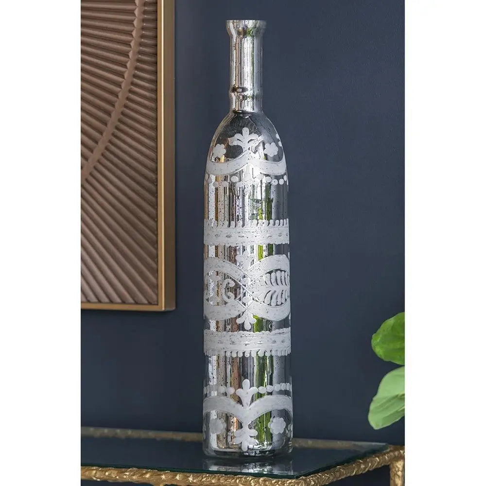 30" Silver Floral Round Glass Table Vase - NOBLE HOME INTERIORS