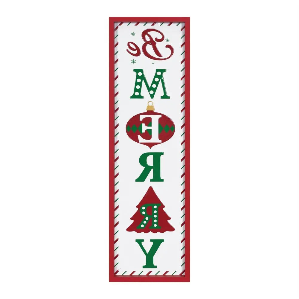 30" X 9" Green Red And White Christmas Be Merry Iron Hanging Wall Decor - NOBLE HOME INTERIORS