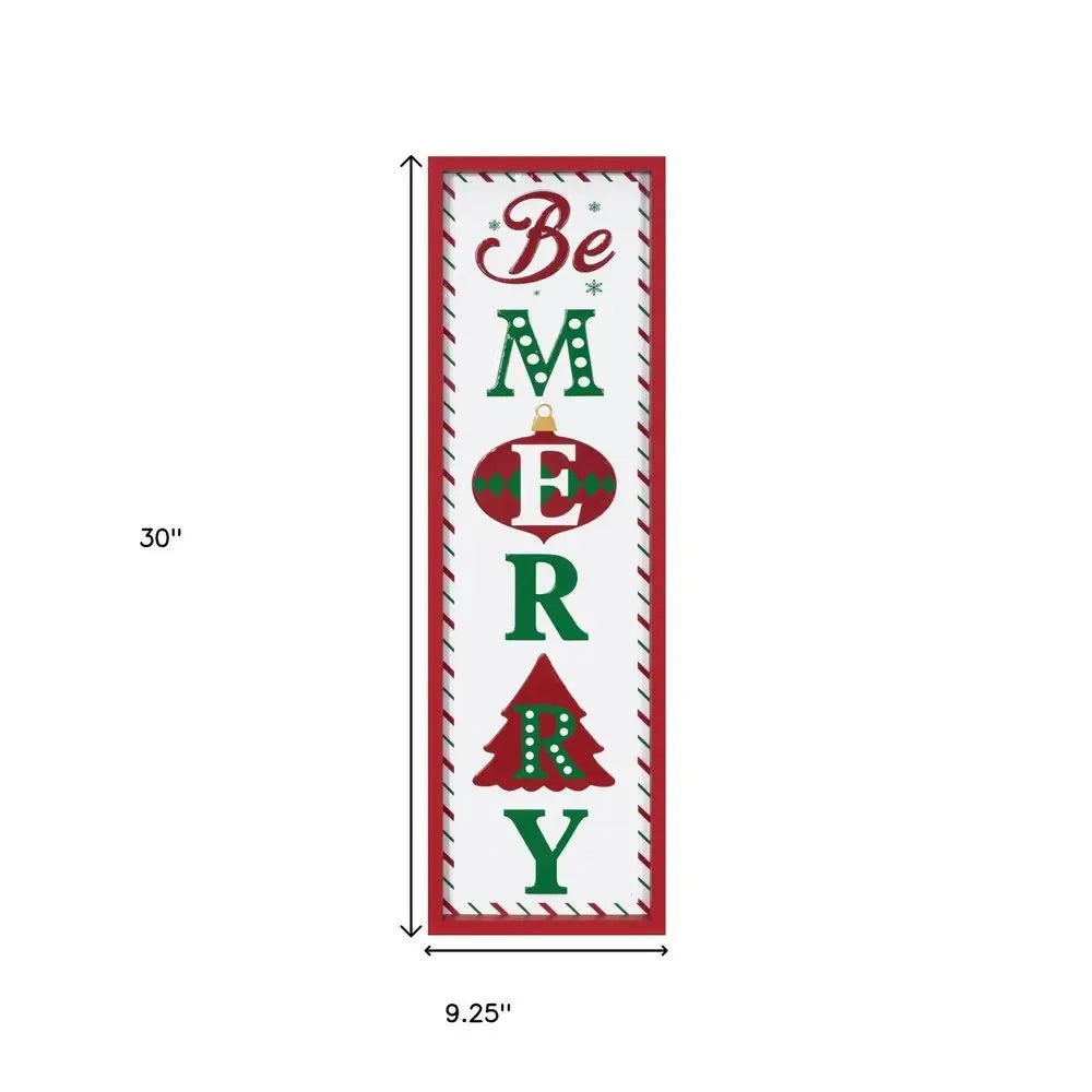 30" X 9" Green Red And White Christmas Be Merry Iron Hanging Wall Decor - NOBLE HOME INTERIORS