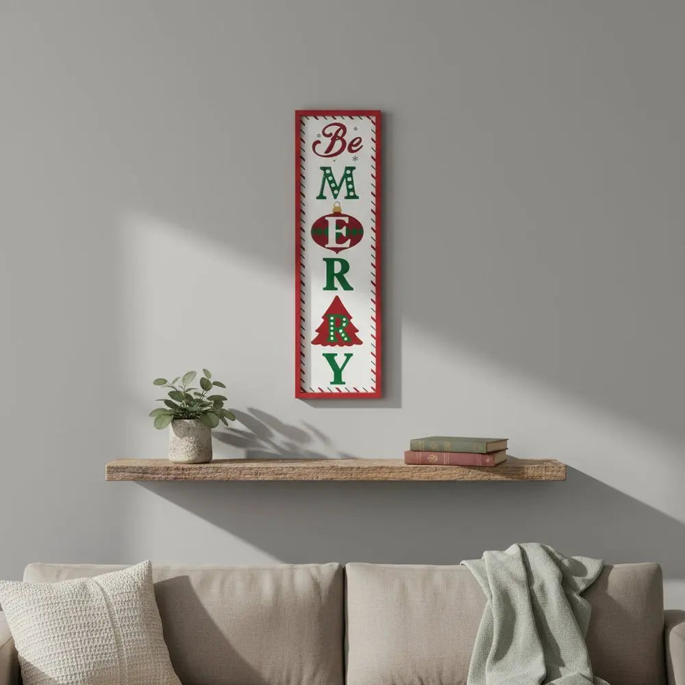 30" X 9" Green Red And White Christmas Be Merry Iron Hanging Wall Decor - NOBLE HOME INTERIORS