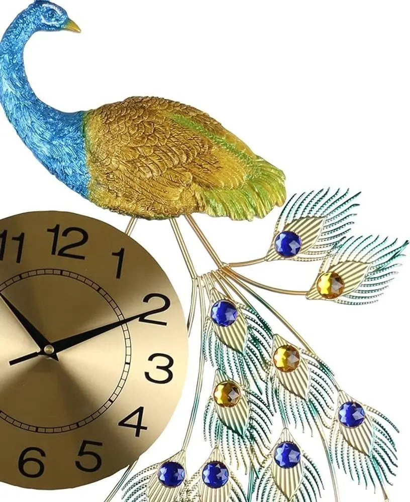 31" Blue Green And Gold Metal Silent Analog Peacock Novelty Wall Clock - NOBLE HOME INTERIORS