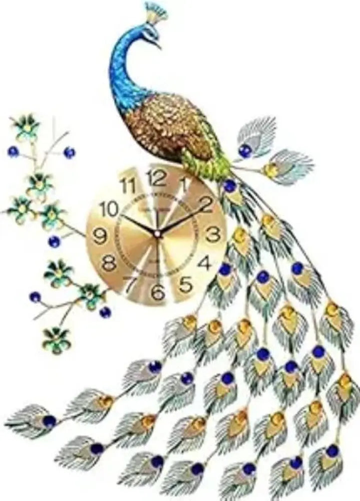 31" Blue Green And Gold Metal Silent Analog Peacock Novelty Wall Clock - NOBLE HOME INTERIORS