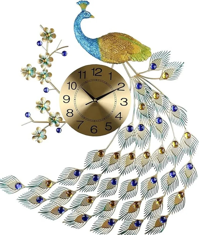 31" Blue Green And Gold Metal Silent Analog Peacock Novelty Wall Clock - NOBLE HOME INTERIORS