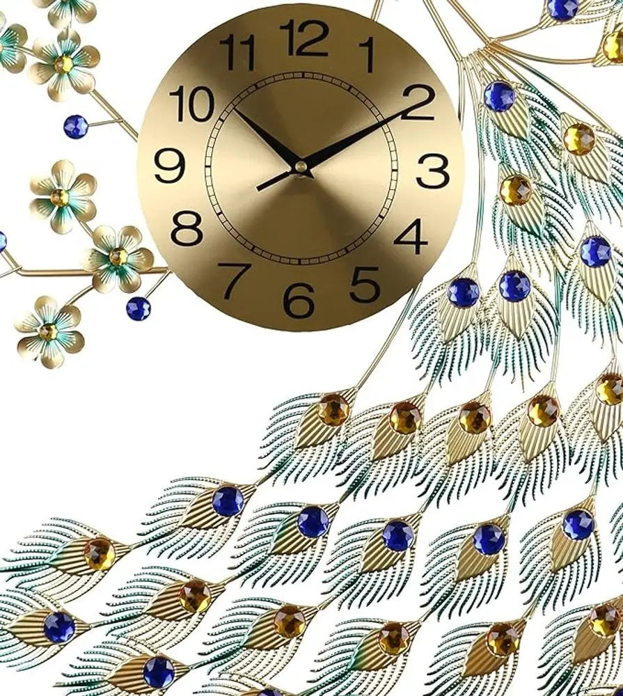 31" Blue Green And Gold Metal Silent Analog Peacock Novelty Wall Clock - NOBLE HOME INTERIORS