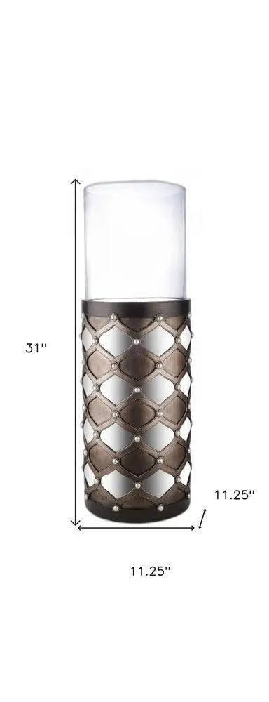 31" Bronze and Silver with Pearls Floor Hurricane Candle Holder - NOBLE HOME INTERIORS