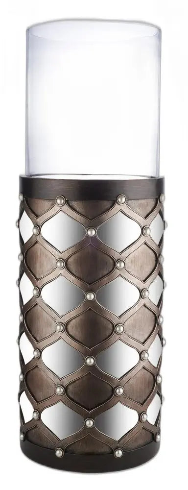 31" Bronze and Silver with Pearls Floor Hurricane Candle Holder - NOBLE HOME INTERIORS