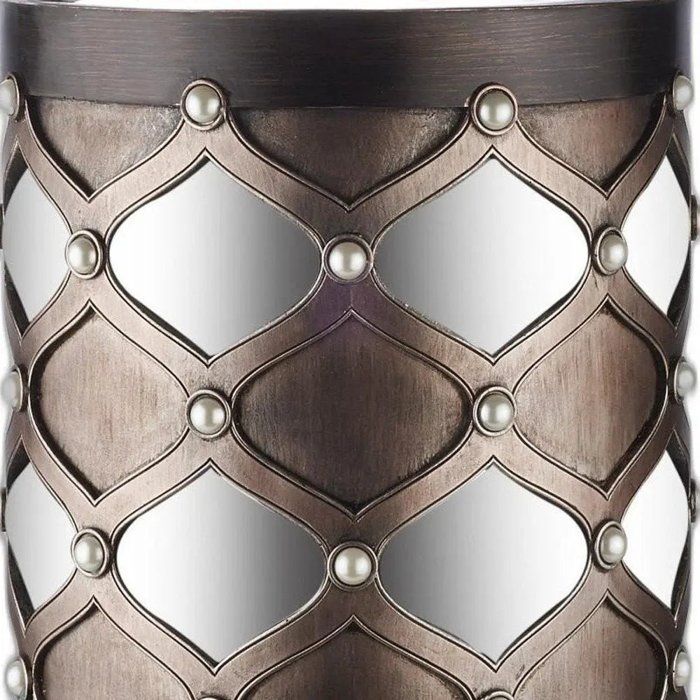 31" Bronze and Silver with Pearls Floor Hurricane Candle Holder - NOBLE HOME INTERIORS