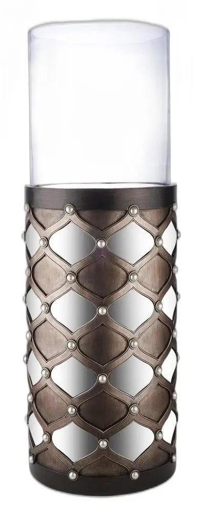 31" Bronze and Silver with Pearls Floor Hurricane Candle Holder - NOBLE HOME INTERIORS