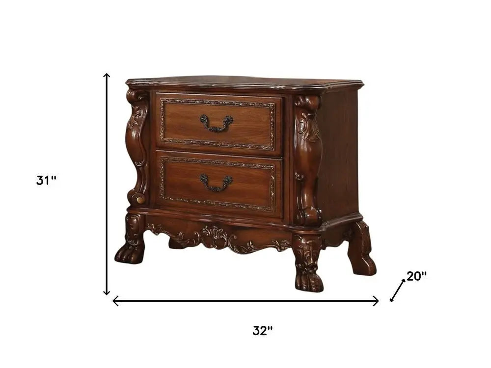 31" Brown Wood Carved Scrollwork Two Drawer Nightstand - NOBLE HOME INTERIORS