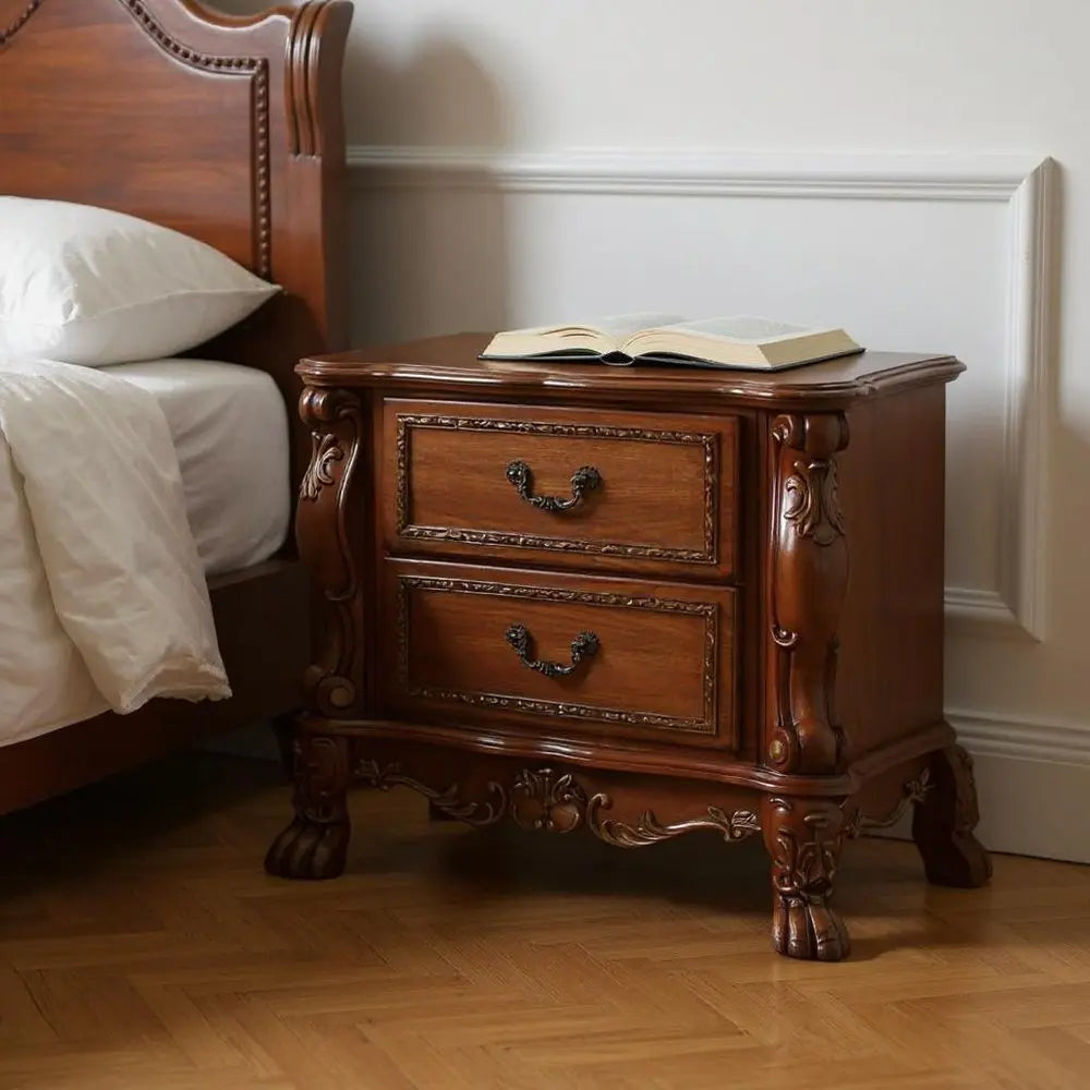 31" Brown Wood Carved Scrollwork Two Drawer Nightstand - NOBLE HOME INTERIORS