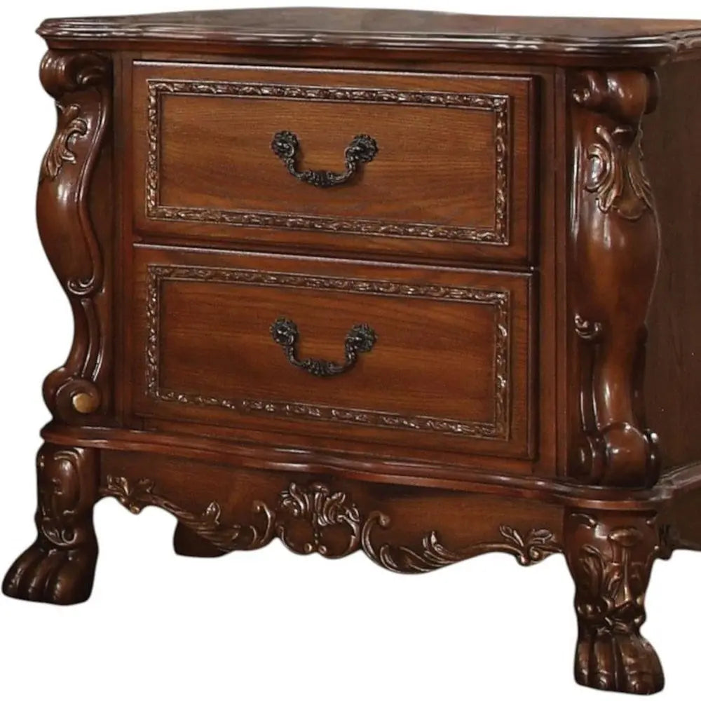 31" Brown Wood Carved Scrollwork Two Drawer Nightstand - NOBLE HOME INTERIORS