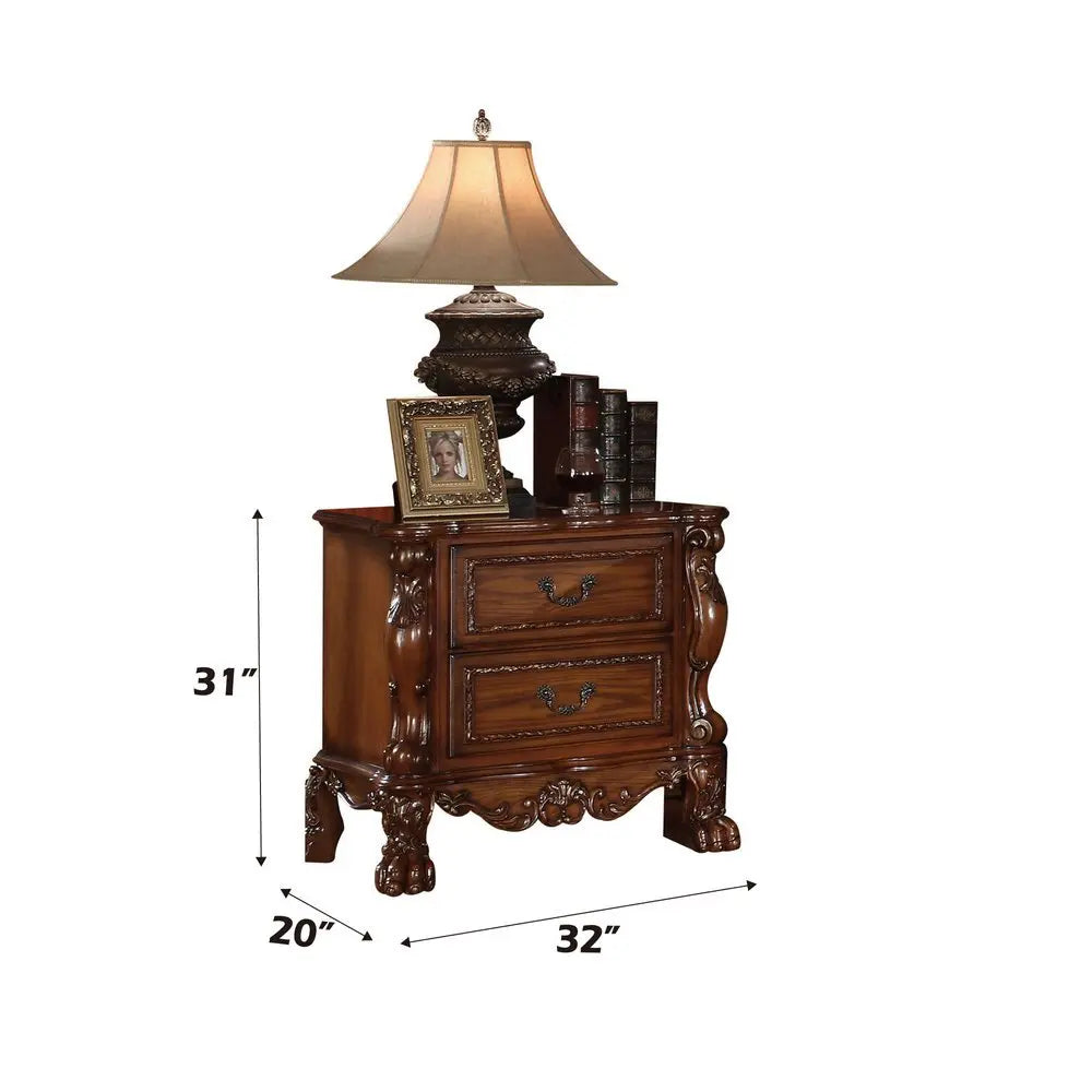 31" Brown Wood Carved Scrollwork Two Drawer Nightstand - NOBLE HOME INTERIORS