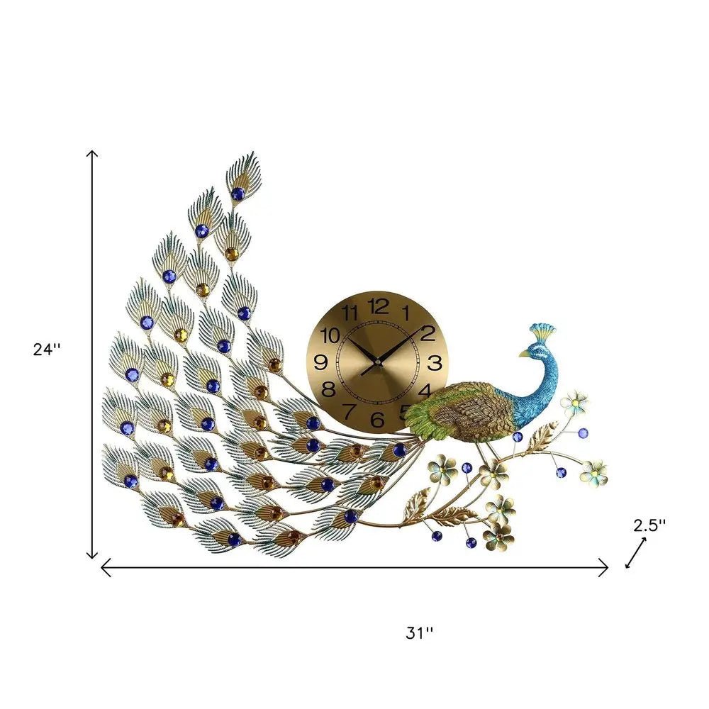 31" Gold Blue And Green Metal Silent Analog Peacock Novelty Wall Clock HomeRoots