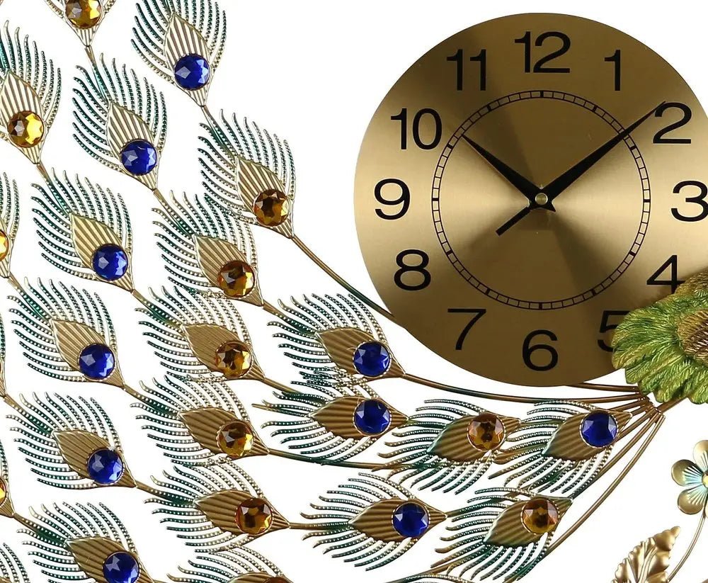 31" Gold Blue And Green Metal Silent Analog Peacock Novelty Wall Clock HomeRoots