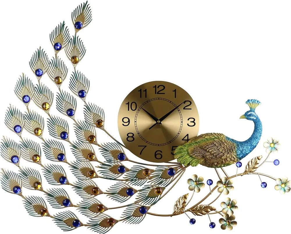 31" Gold Blue And Green Metal Silent Analog Peacock Novelty Wall Clock HomeRoots