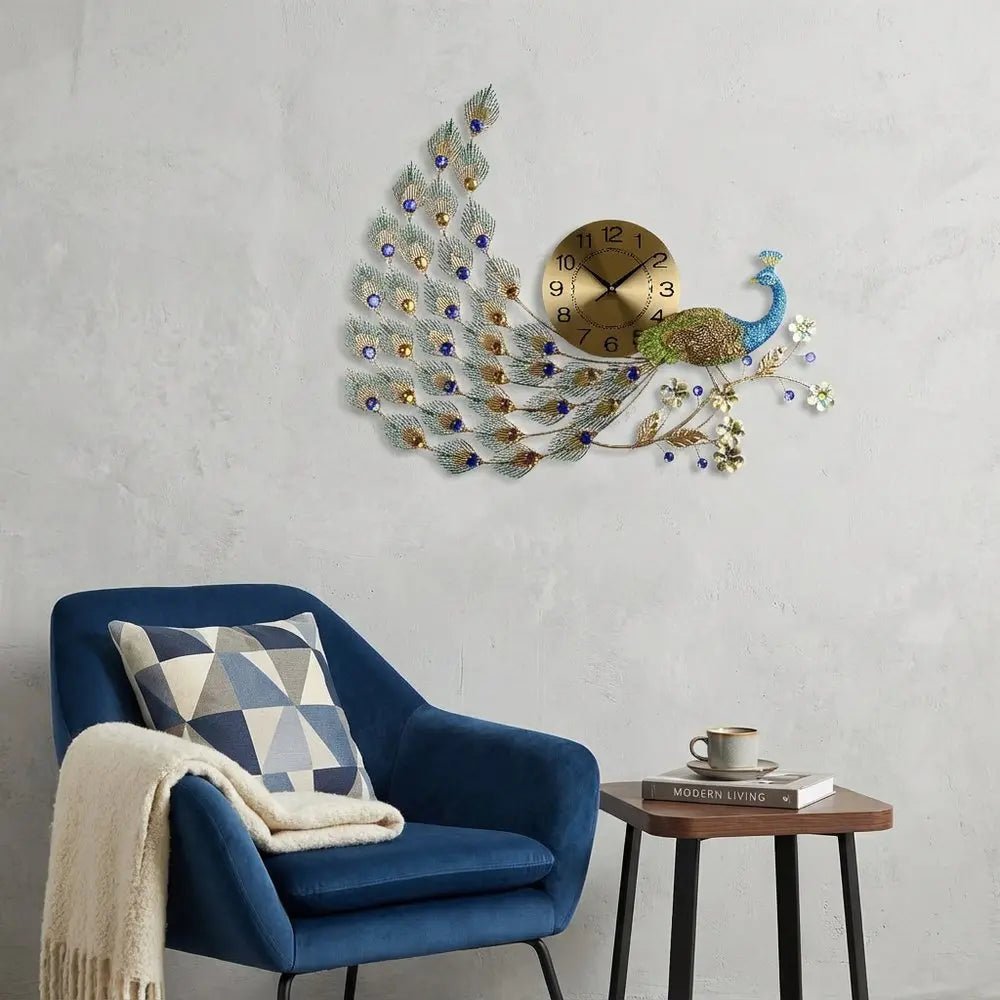 31" Gold Blue And Green Metal Silent Analog Peacock Novelty Wall Clock HomeRoots