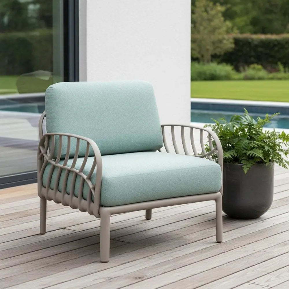 31" Gray Heavy Duty Plastic Outdoor Armchair With Sea Green Cushion - NOBLE HOME INTERIORS