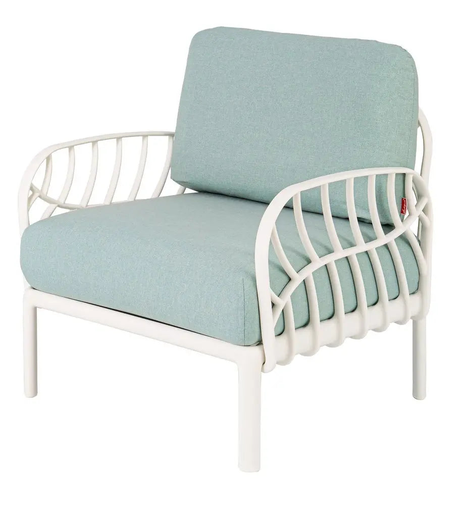 31" White Heavy Duty Plastic Outdoor Armchair With Sea Green Cushion - NOBLE HOME INTERIORS