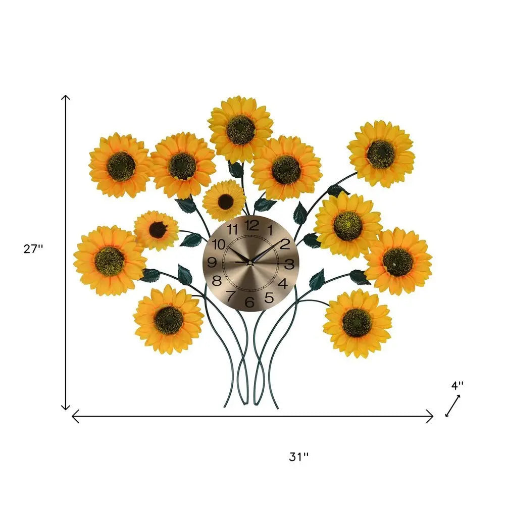 31" Yellow Green And Gold Metal Silent Analog Sunflower Floral Wall Clock - NOBLE HOME INTERIORS