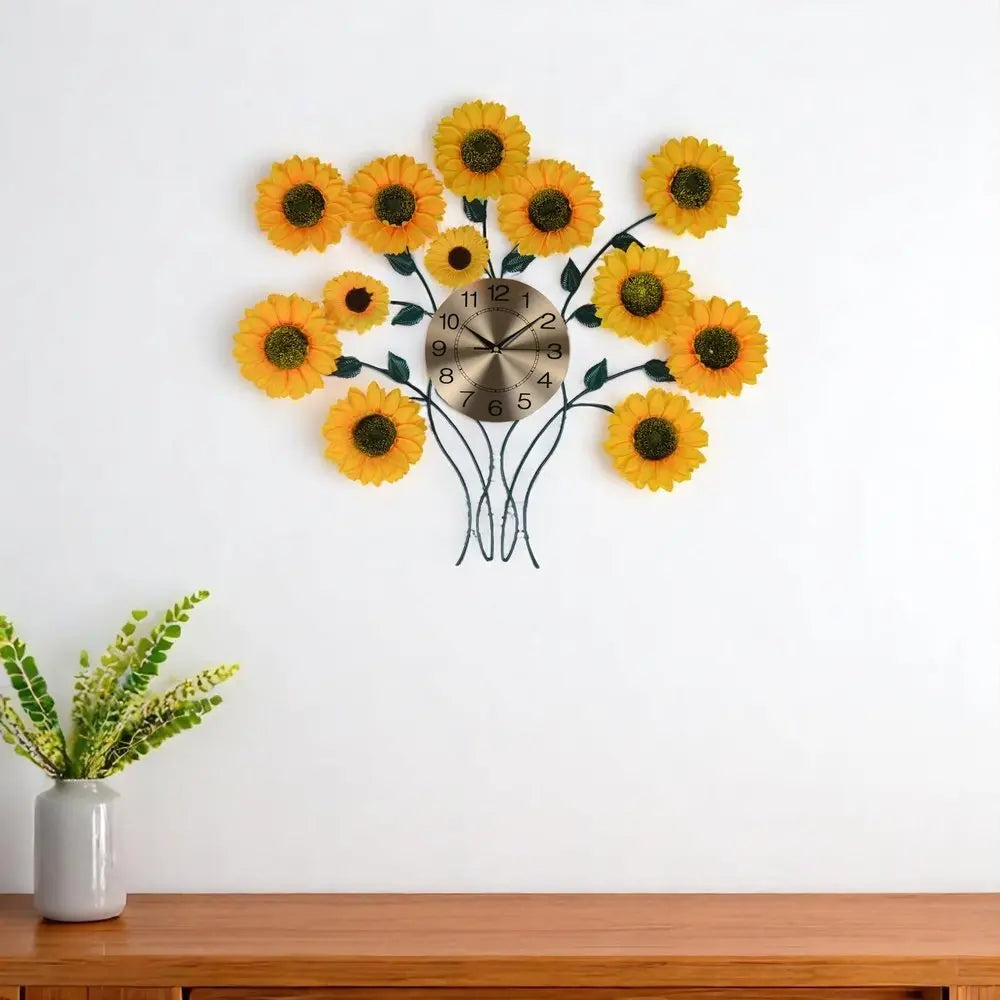 31" Yellow Green And Gold Metal Silent Analog Sunflower Floral Wall Clock - NOBLE HOME INTERIORS