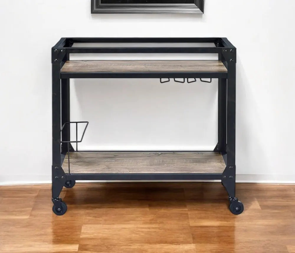 Black and Natural 32" Rolling Prep Table With Storage HomeRoots