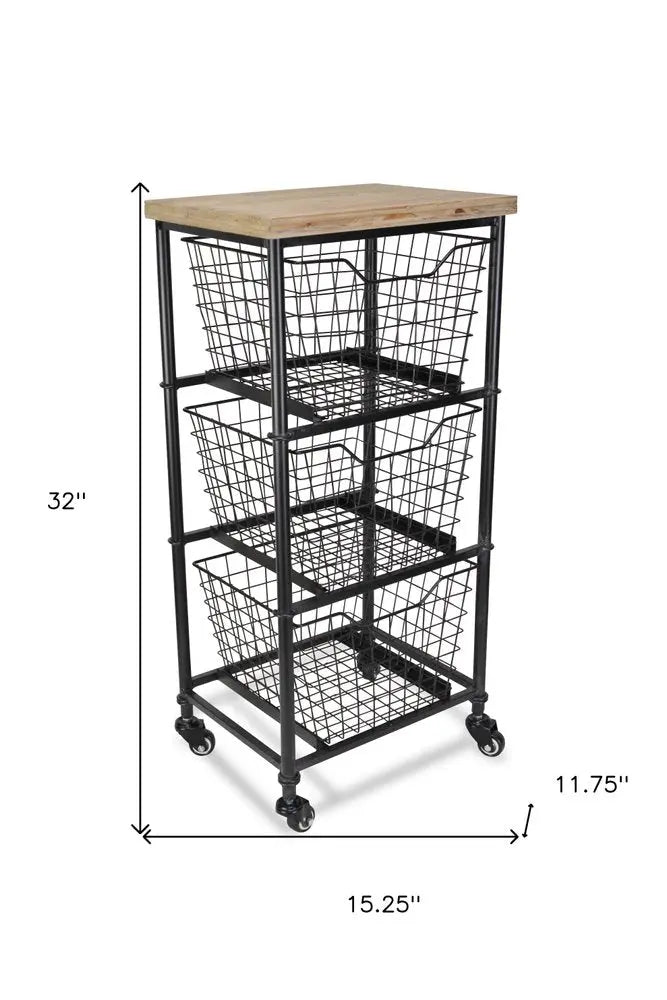 32" Black And Natural Metal And Wood Basket Storage Rolling Cabinet HomeRoots