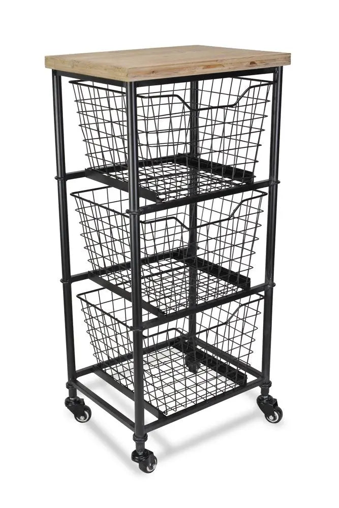 32" Black And Natural Metal And Wood Basket Storage Rolling Cabinet HomeRoots