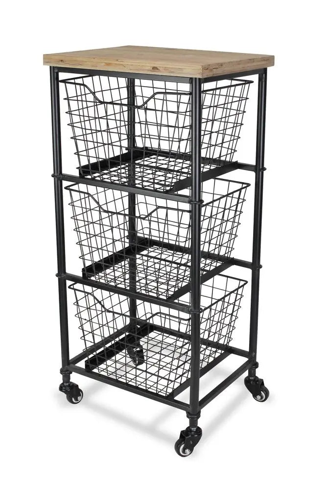 32" Black And Natural Metal And Wood Basket Storage Rolling Cabinet HomeRoots