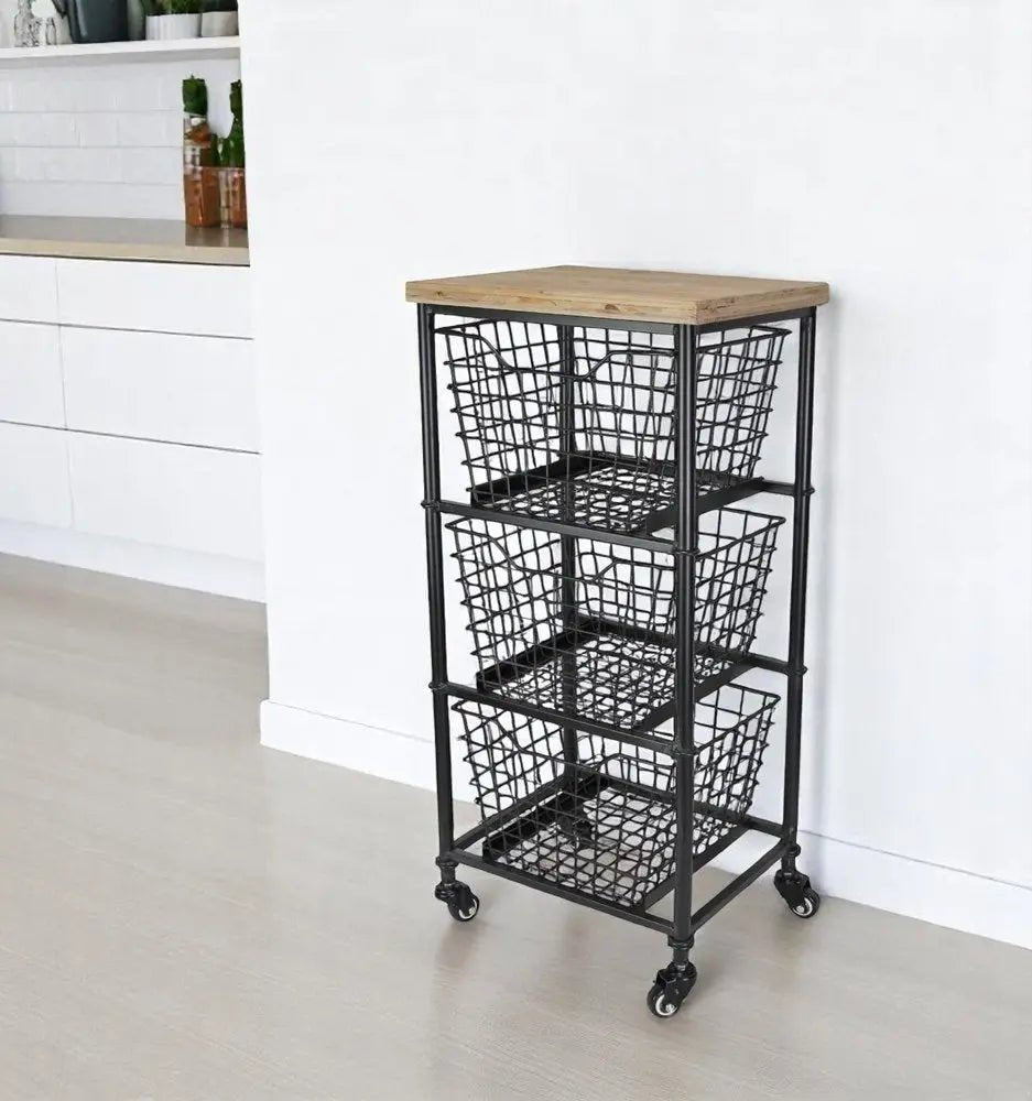 32" Black And Natural Metal And Wood Basket Storage Rolling Cabinet HomeRoots