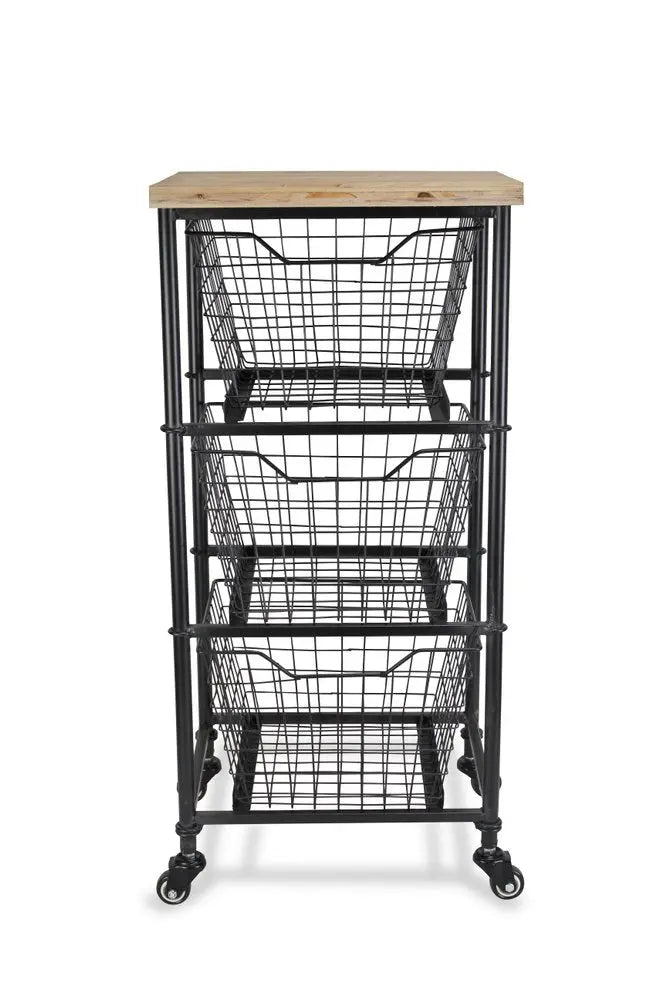 32" Black And Natural Metal And Wood Basket Storage Rolling Cabinet HomeRoots