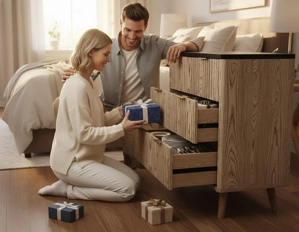 32" Black and Oak Solid Wood Console Accent Cabinet With Three Drawers - NOVA HOME FURNITURE