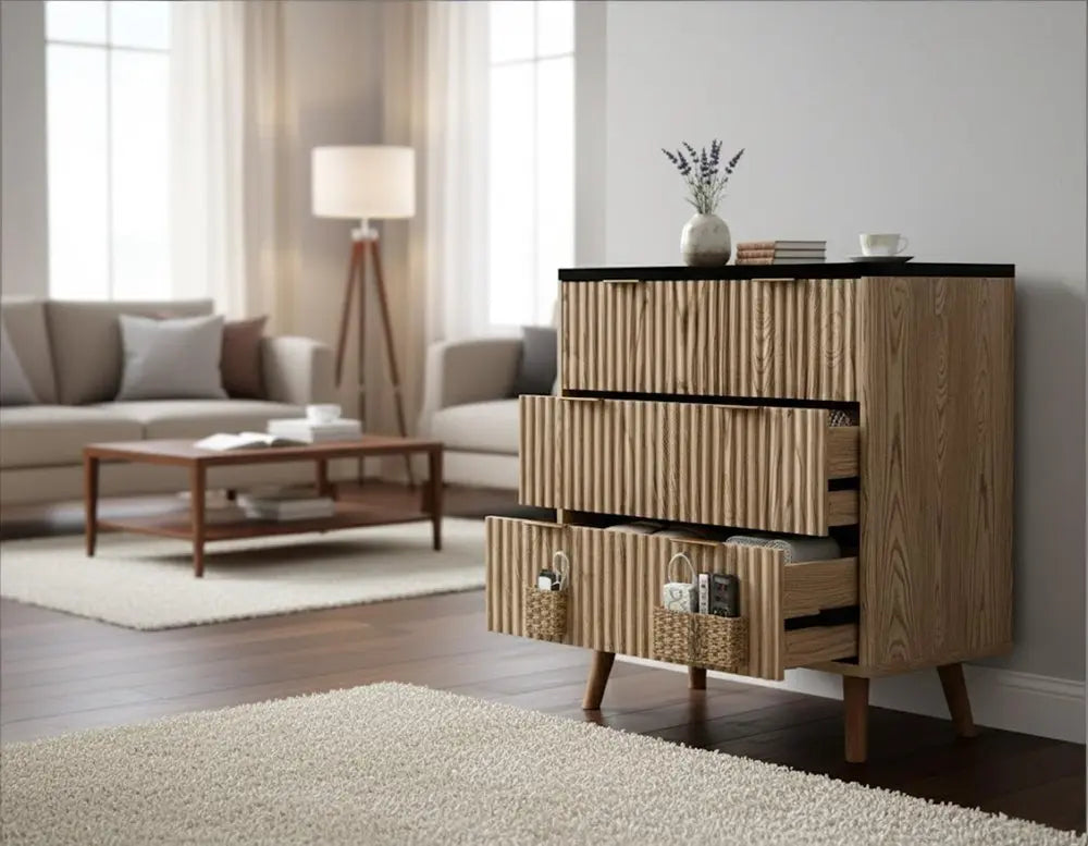 32" Black and Oak Solid Wood Console Accent Cabinet With Three Drawers - NOVA HOME FURNITURE