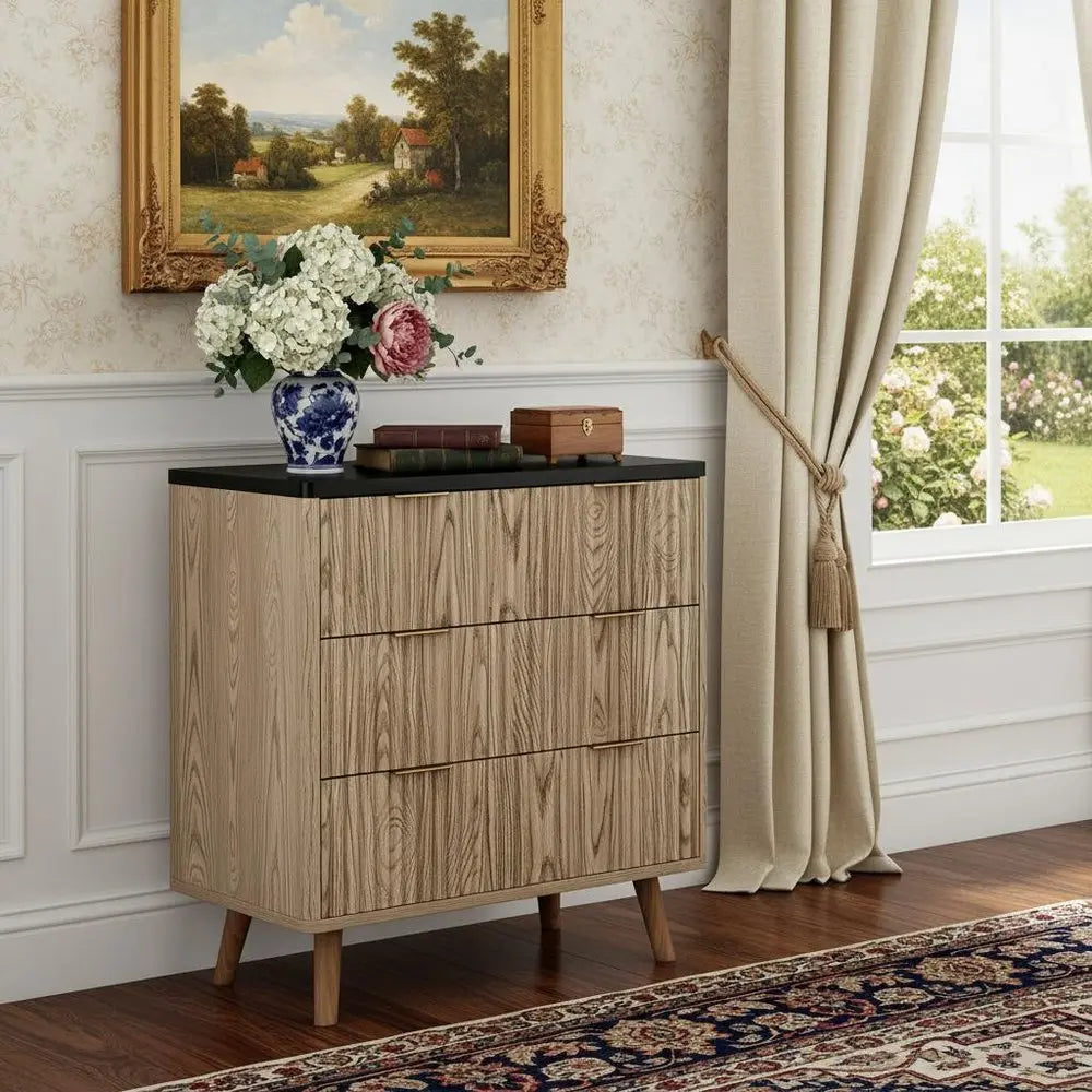 32" Black and Oak Solid Wood Console Accent Cabinet With Three Drawers - NOVA HOME FURNITURE